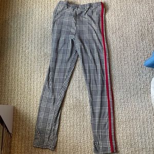 Try ! This Black and white checked pants w/red stripe down each side length M
